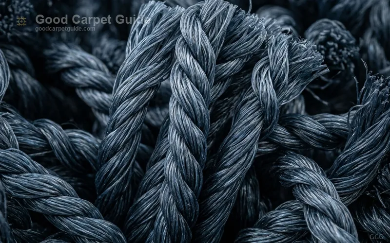 Solution dyed nylon carpet fibers under magnification