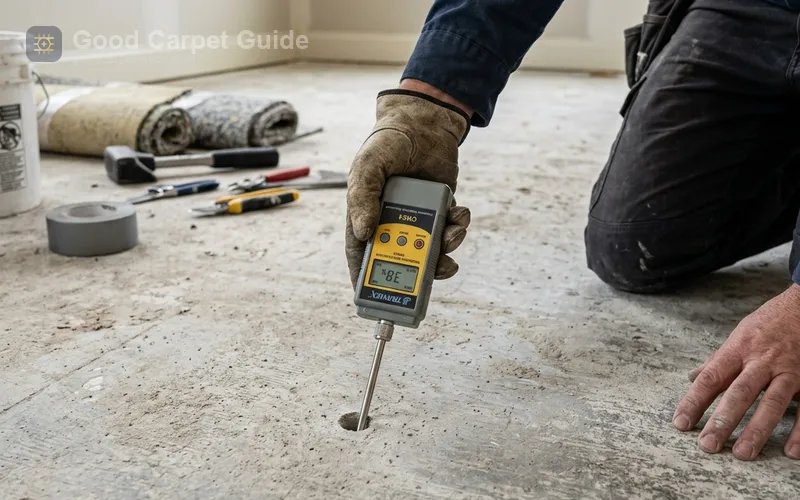 Installer performing a concrete slab moisture test before laying high pile carpet padding