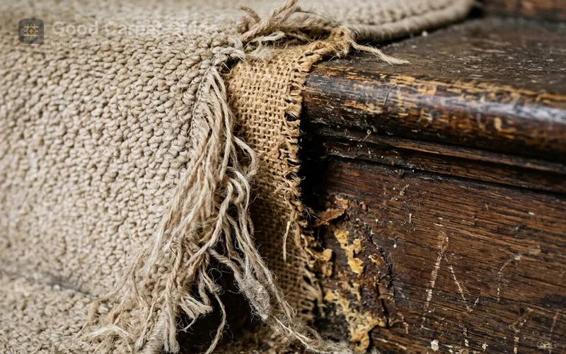 Close-up of carpet backing separating from stair nosing