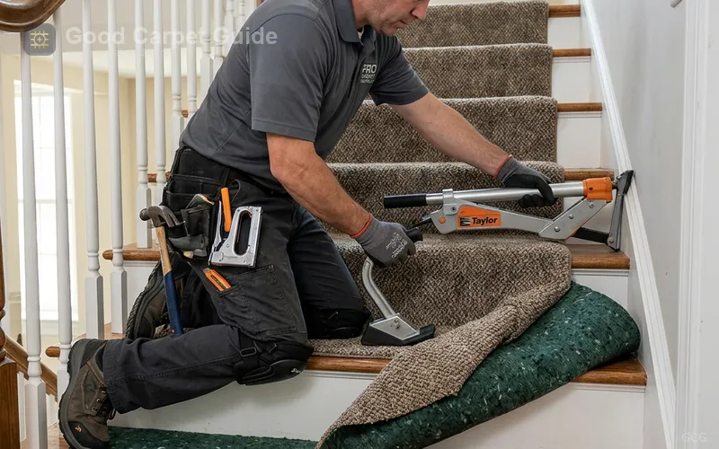 Installer power-stretching carpet over a dense rebond cushion on a stairway