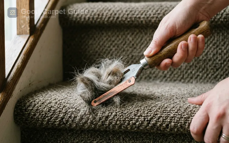 Metal lint scraper removing embedded pet hair from carpet fibers