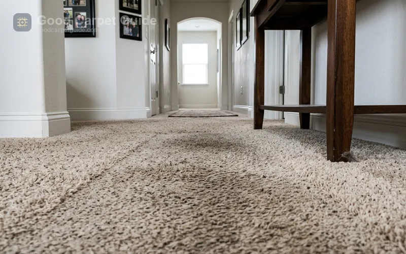 The boundary between matted traffic lane and protected pile under furniture isolates crimp loss from soiling, and that same boundary is the evidence a warranty inspector photographs when evaluating the exclusions covered next.