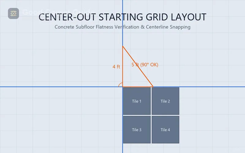A chalk line grid on a concrete basement floor with carpet tiles being laid from the center outward in a quarter-turn parquet pattern
