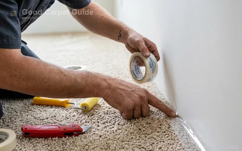 Self-stick carpet protection film replaces painter's tape in trimless rooms, sealing the same wall edge that later gets primed and painted.