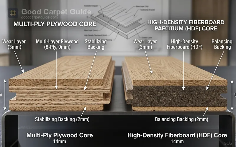 Cross-section cutaway view of engineered hardwood flooring planks comparing multi-ply plywood core layers vs high-density fiberboard HDF core