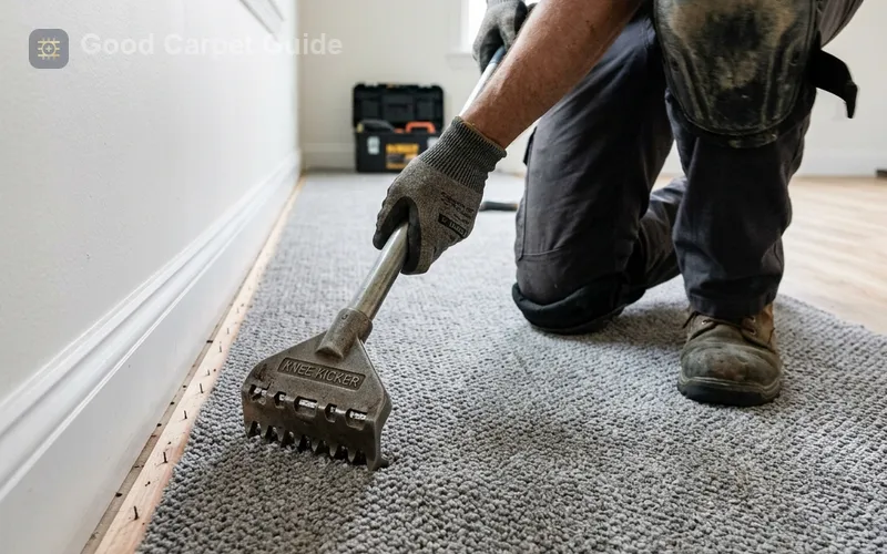 Installer using a knee kicker near the perimeter of a room after power stretching has already been completed