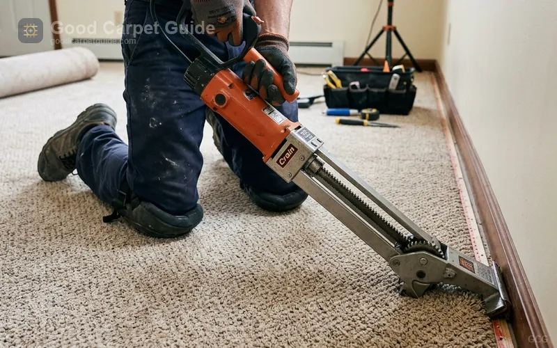 Professional carpet installer stretching carpet with power stretcher