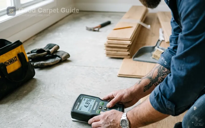 Installer measuring subfloor moisture levels before a hardwood installation over previously carpeted flooring