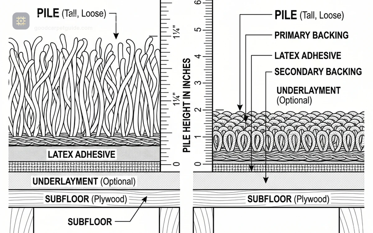 Cross-sectional comparison between a low-density tall 60-ounce plush carpet and a shorter high-density 40-ounce carpet