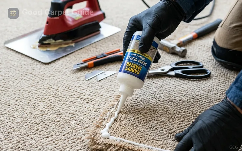 Installer applying latex seam sealer to the cut edge of a carpet patch before final seaming