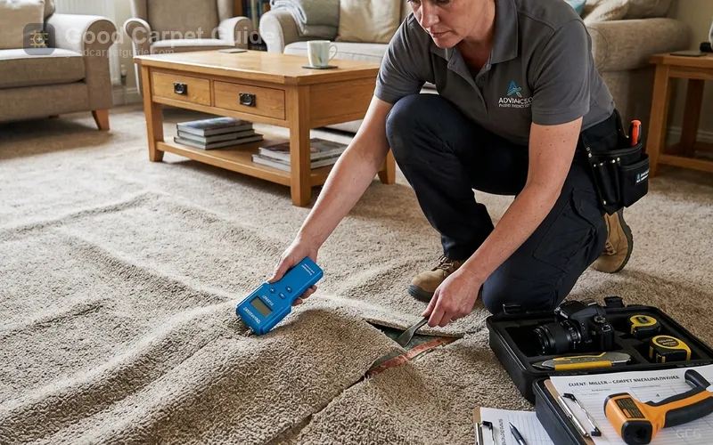 Technician inspecting ripples that developed several years after an improperly stretched carpet installation