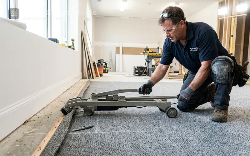 Installer using a commercial power stretcher to tension carpet against a tackless strip along a wall