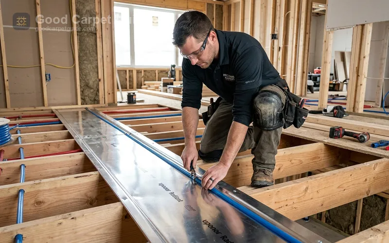 Above-joist heat-transfer panels spread heat across the plywood before it reaches the pad and carpet.