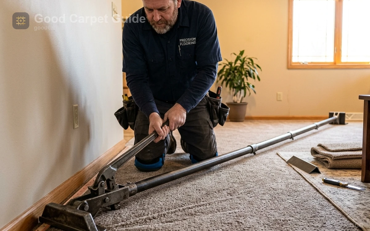 Professional installer using a power stretcher