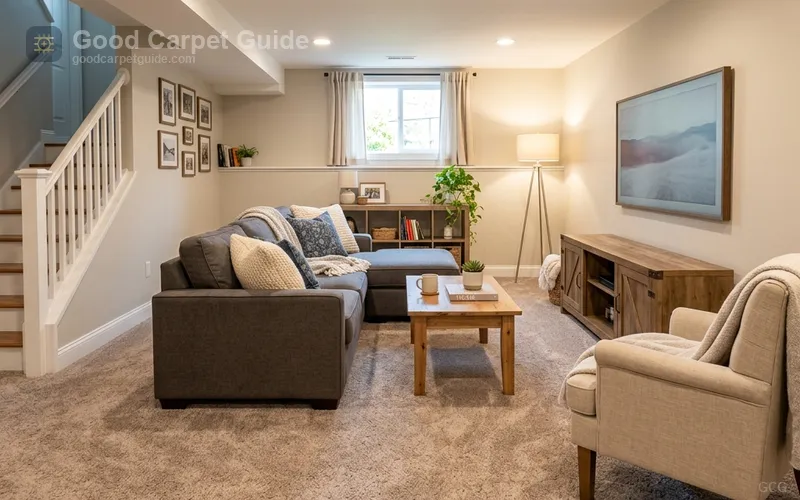 Finished basement carpet installed over moisture-resistant cushion