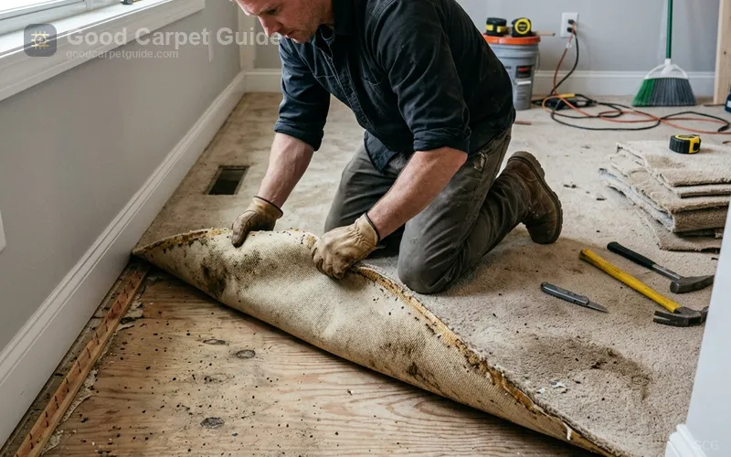 Installer removing old carpet from plywood subfloor before hardwood installation
