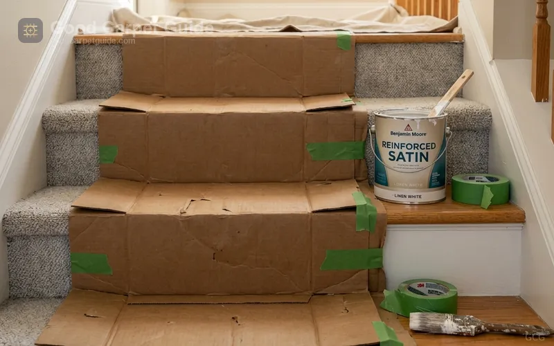 Alt text: folded cardboard stair protector covering tread and riser of carpeted stairs during painting
