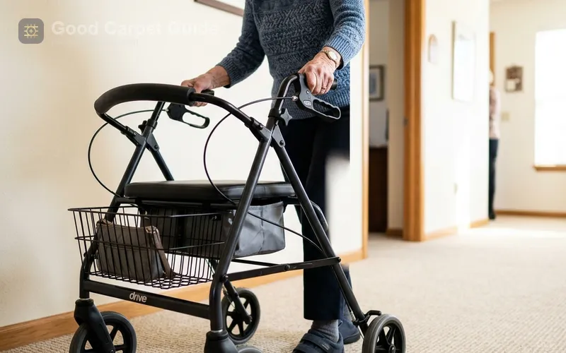 A senior using a rolling walker on low-pile beige carpet in a hallway