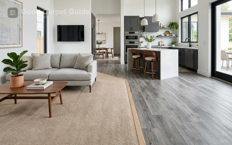 Modern home interior showing carpeted living room transitioning to vinyl plank kitchen