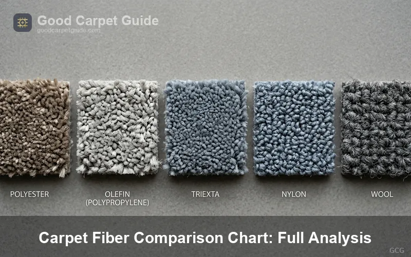 Close-up macro photography of five carpet fiber swatches labeled PET, olefin, Triexta, nylon, and wool