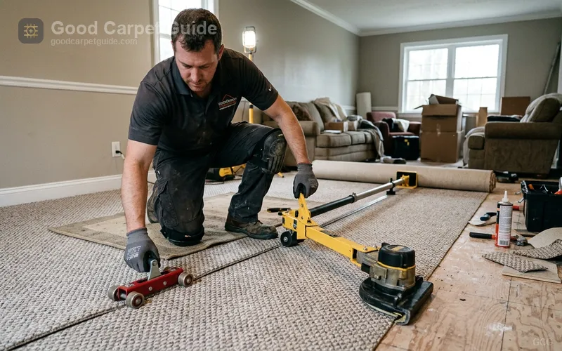 Installer operating a power stretcher across a living room floor with a row runner visible along the seam line