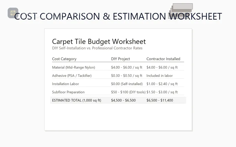 A BuildDirect carpet tile sample stack next to a cost breakdown worksheet showing per-square-foot pricing for material-only DIY installation versus contractor-installed mid-range carpet tile projects