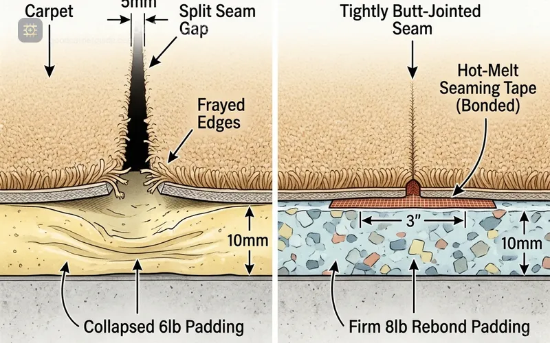 Carpet installer using a seam iron to bond hot-melt tape beneath a doorway transition