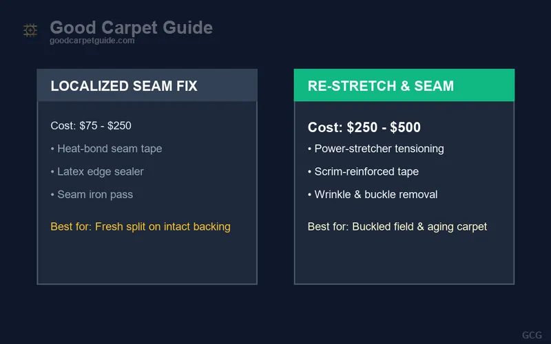 Carpet seam repair cost comparison showing a technician using a seam iron over fiberglass-reinforced tape