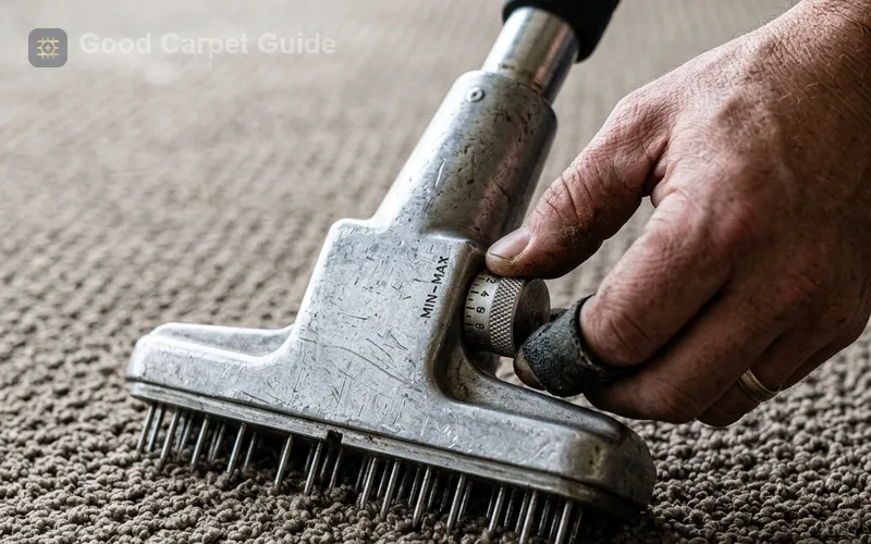 Alt text: installer adjusting knee kicker pin depth before gripping Berber loop carpet on a wood subfloor