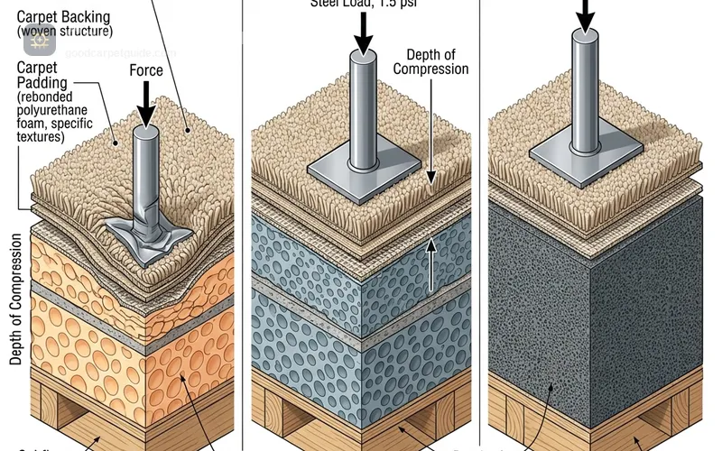 Cross-section diagram comparing 6-lb, 8-lb, and 10-lb density carpet padding under compression load
