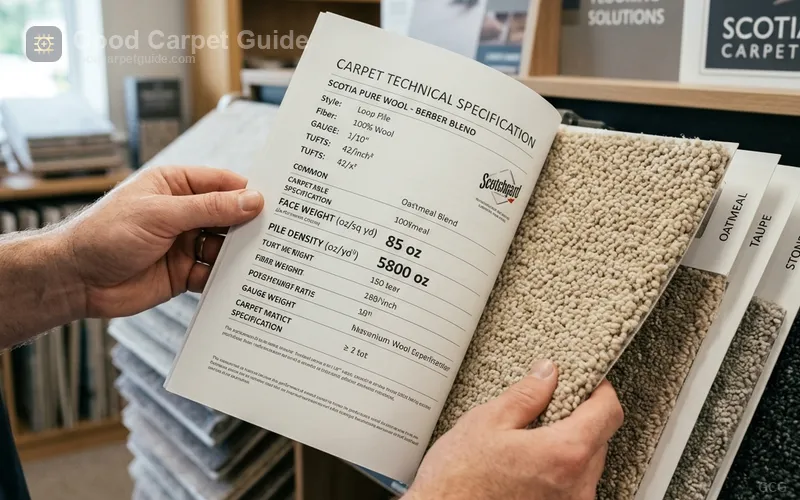 Homeowner reading a carpet spec sheet next to a sample board
