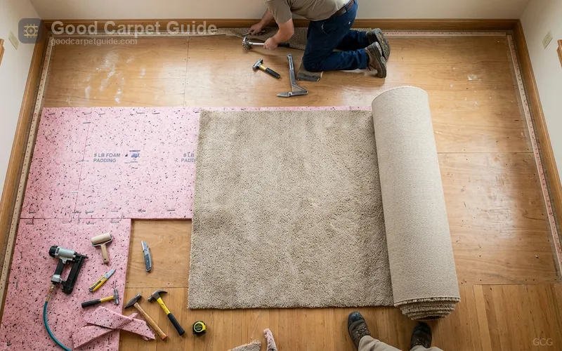 Overhead detailed view of broadloom carpet installation in progress, tackless strip along room perimeter, 8-lb foam padding stapled down, carpet roll unrolled