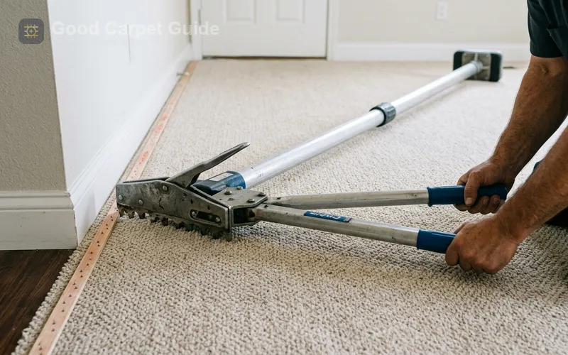 Close-up photograph of a professional carpet power stretcher tool extended across a room, tail block braced against far wall, stretcher head engaged near tackless strip