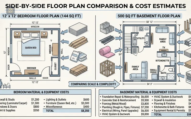 Side-by-side comparison diagram illustration showing a 12x12 bedroom floor plan and a 500 sq ft basement floor plan with labeled material stacks and equipment costs