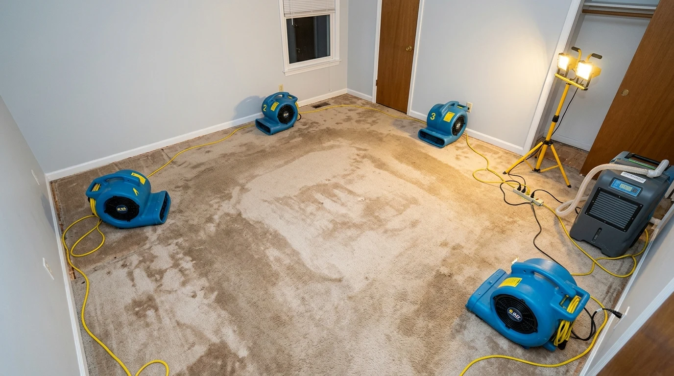 IICRC-certified technician placing commercial air movers in 45-degree triangle pattern on wet flooring during structural drying operation