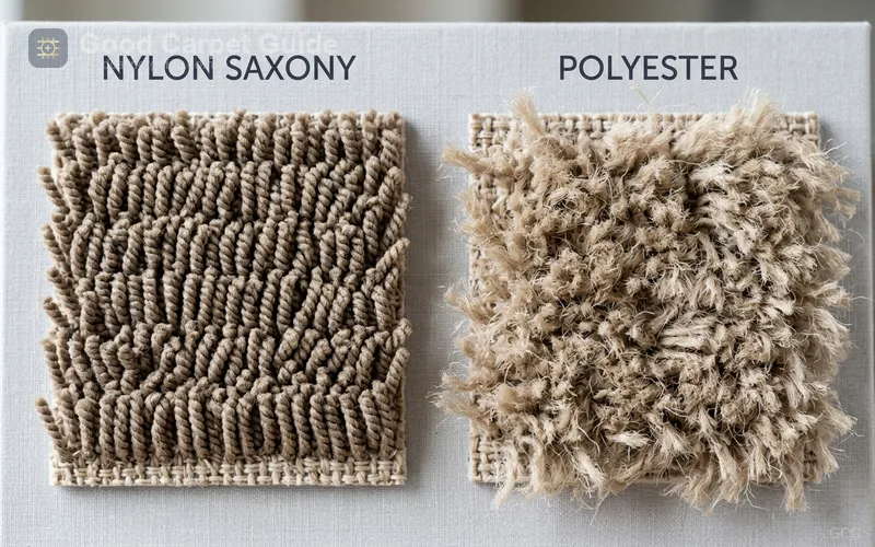 Close-up of a tightly twisted nylon saxony carpet sample against a loosely twisted polyester sample