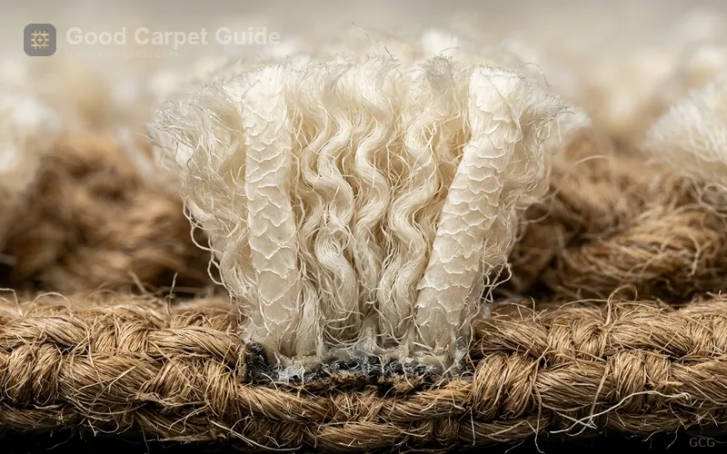 Cross-section micrograph of a wool carpet tuft showing crimped staple fibers, scaled epicuticle surface, and jute secondary backing