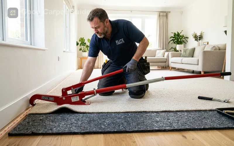 Installer operating a lever-action power stretcher across a wool broadloom room with tackless strip and frothed rubber pad visible at the perimeter