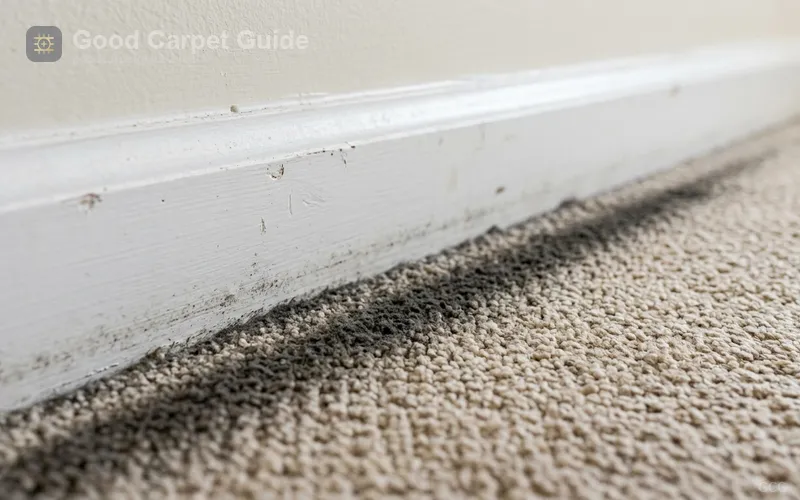 Air pressure differentials force indoor air through carpet edges, where tacky chemical residues trap microscopic soot to create dark filtration lines.