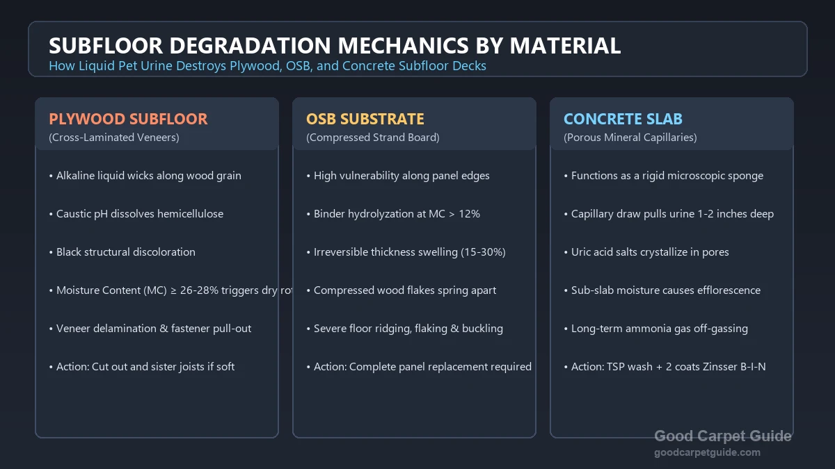 Subfloor Degradation Mechanics: Plywood Rot, OSB Swelling, and Concrete Salt Migration