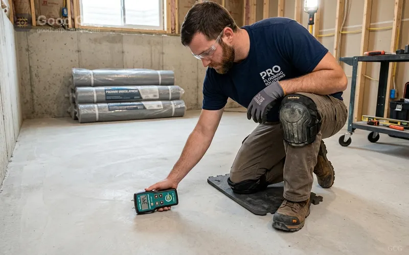 Installer holding a moisture meter against a basement concrete slab before pad installation