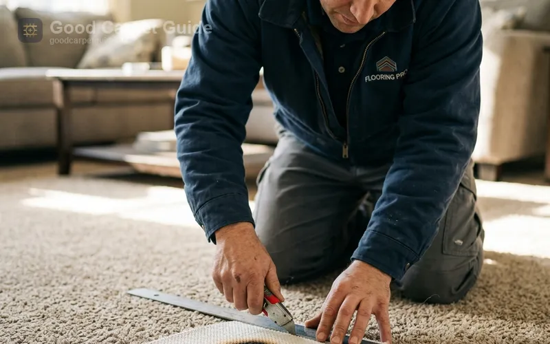 Installer cutting out square carpet burn section revealing backing layer