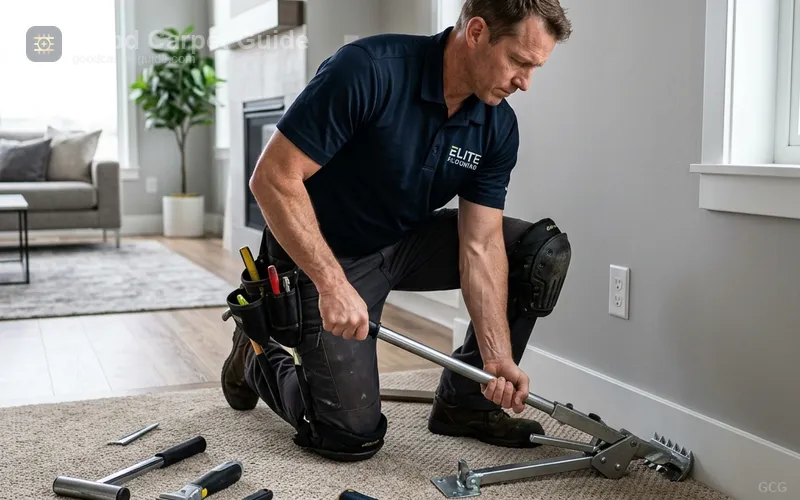 Professional installer stretching SmartStrand carpet with power stretcher