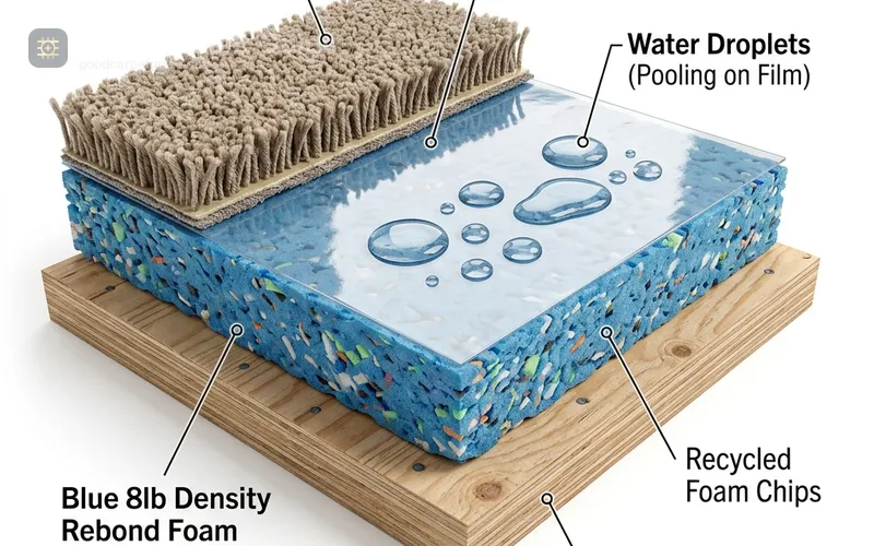 Cross-section diagram of dog-proof carpet pad with moisture barrier protection