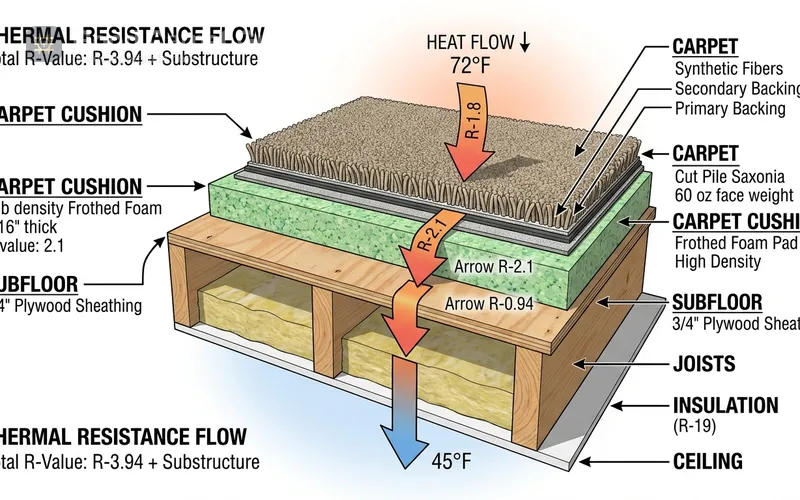 Cross-section diagram of a carpet floor assembly showing subfloor, pad, and carpet layers with R-value arrows