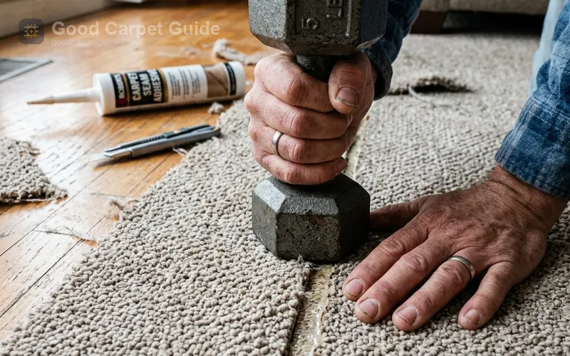 Emergency carpet seam repair without tools using manual compression method