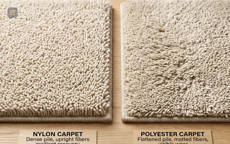 Dense nylon carpet next to polyester carpet showing fiber recovery differences