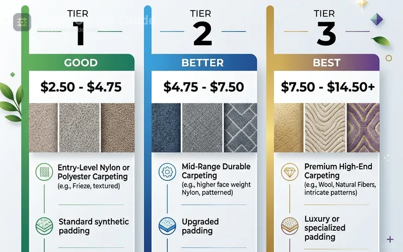 The three installed-cost tiers separate budget polyester replacements from the premium solution-dyed Nylon 6,6 installs used on staircases and high-traffic rooms.