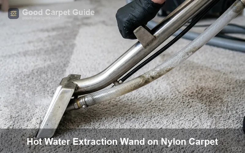 Technician operating a truck-mount hot water extraction wand on nylon carpet