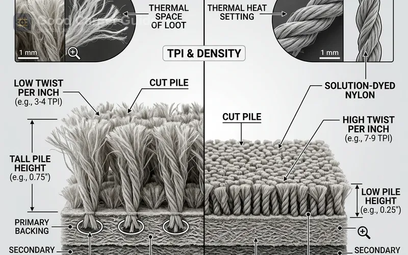 Face weight and twist per inch (TPI), not price alone, separate a bedroom-grade pile from a stair-grade weave built to resist crushing.